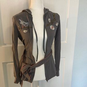 Anthropologie SMTWTFS Gray Hoodie Zipper Jacket 🧥 with Embroidered Floral Design